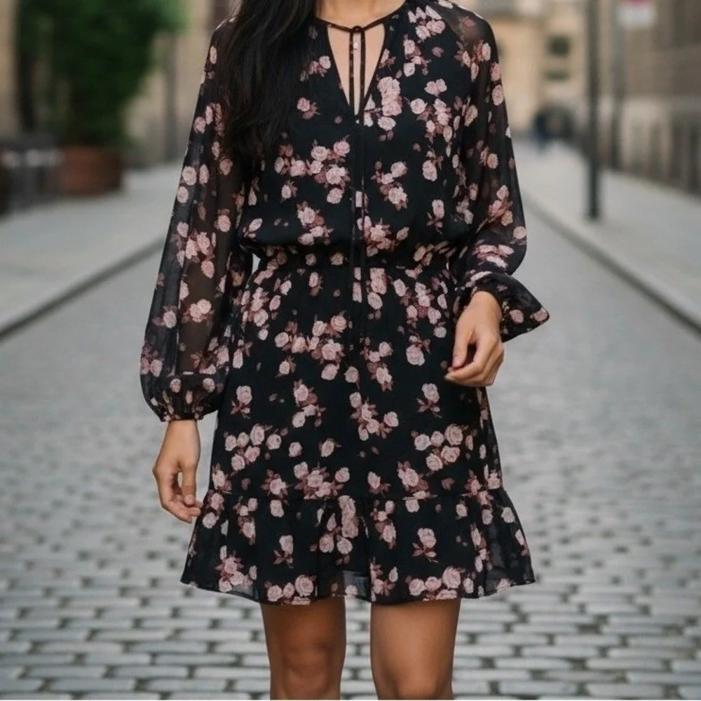 Michael Kors Women Dress Small Floral Print Long Sleeve Mini Casual Designer EUC
